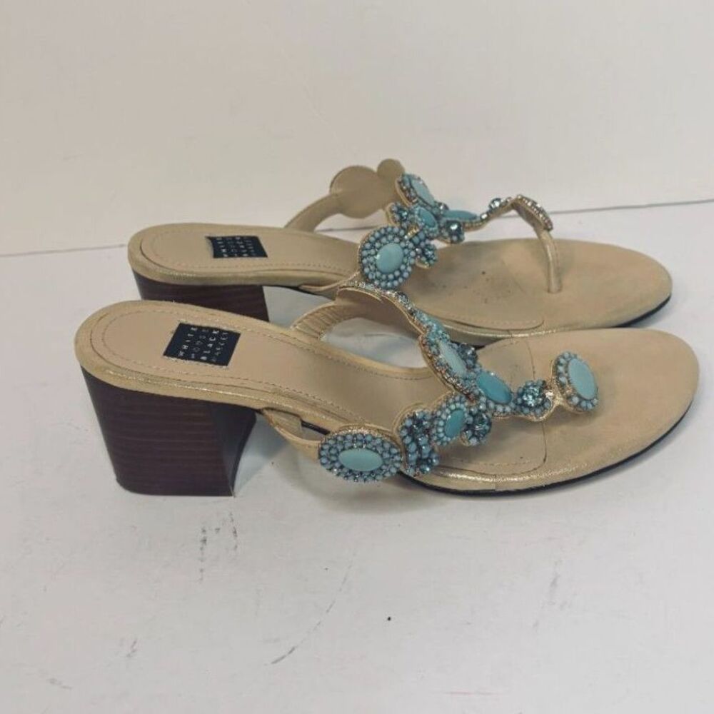 WHBM Jeweled Thong Sandals Gold Turquoise Blue Block Heel Sparkly